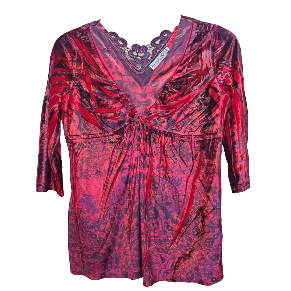 Unity World Wear Petite Red Velveteen Babydoll Lace-Accent Boho Blouse Size PL